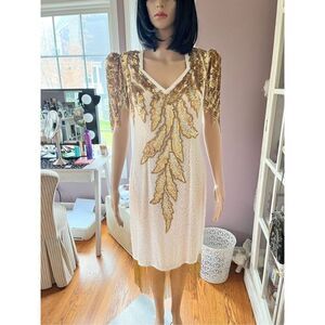 Vintage Lillie Ruben Exclusive White & Gold Heavily Beaded Dress sz 10 EUC